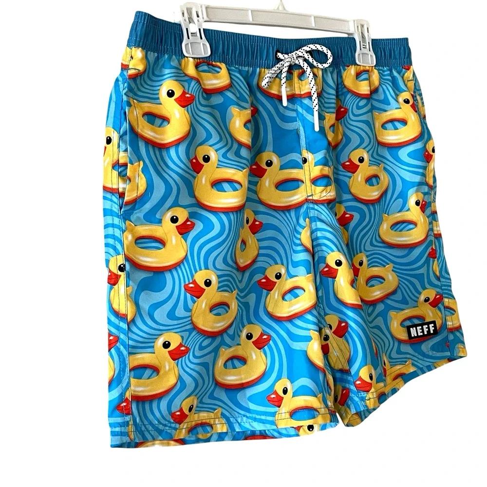 NEFF Mens Size Large Blue Yellow Rubber Duck Board Shorts Swim Trunks Pockets